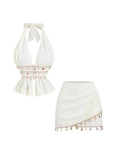 GORGLITTER Women's 2 Piece Skirt Sets Going Out Outfits Crochet Seashell Fringe Halter Crop Top and Skirt Matching Sets Apricot Small | Amazon (US)
