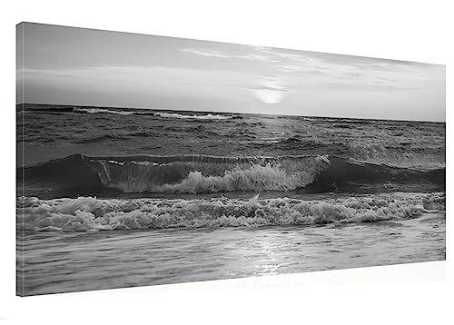 Large Modern Black and White Ocean Beach Sea Waves Canvas Wall Art Framed Artwork for Bedroom Living Room Office Wall Decor-40"x20"inch | Amazon (US)
