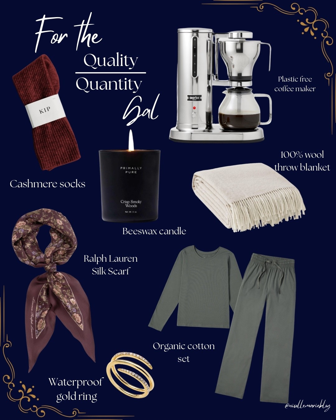 For the bougie girl in your life who has the quality > quantity mindset. Natural fibers, organic cotton lounge set, cashmere socks, wool throw blanket, Ralph Lauren silk scarf, plastic free coffee maker, beeswax candle, waterproof gold ring  

#LTKHoliday #LTKGiftGuide #LTKHome