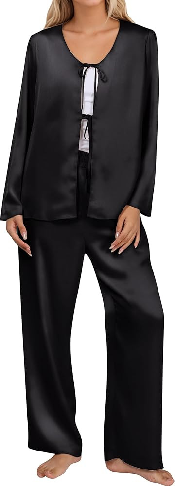 Blooming Jelly Women Silk Pajamas Set 2 Piece Satin PJ Sets Long Sleeve with Tie Lounge Sleepwear | Amazon (US)