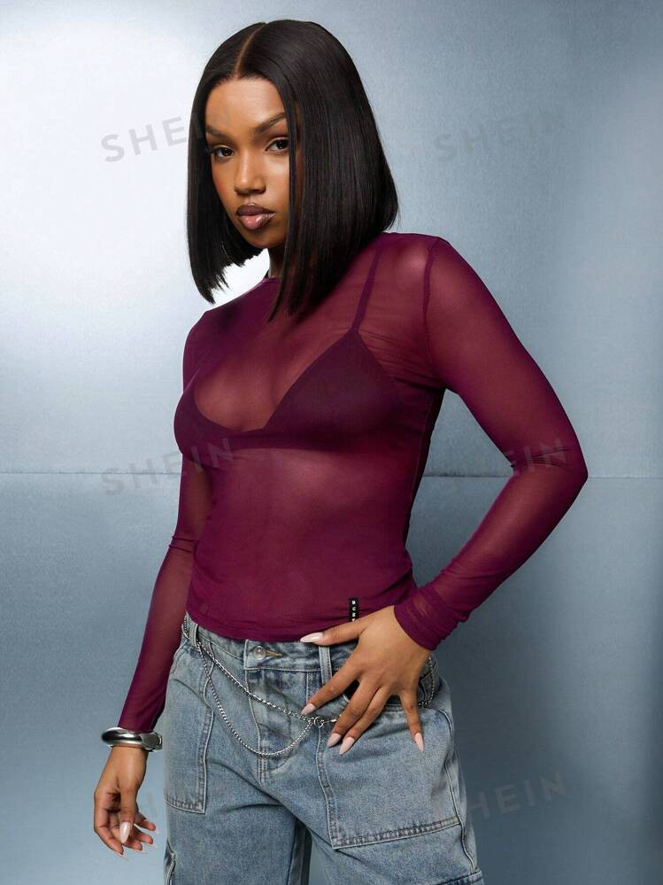 SUMWON WOMEN Round Neck Full Sleeves Fitted Mesh Top | SHEIN