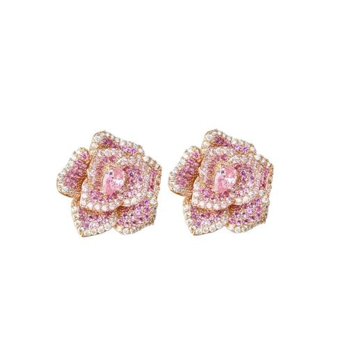 Sweet Pink Rhinestone Rose Flower Stud Luxury Earrings for Women Sterling Silver Post Romantic Delicate Sparkly Cubic Zirconia Crystal Blooming Floral Earring Wedding Bridal Prom Fashion Jewelry | Amazon (US)