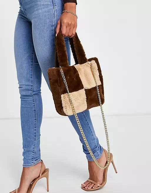 ASOS DESIGN faux fur tote bag with chain in brown and beige patchwork | ASOS (Global)