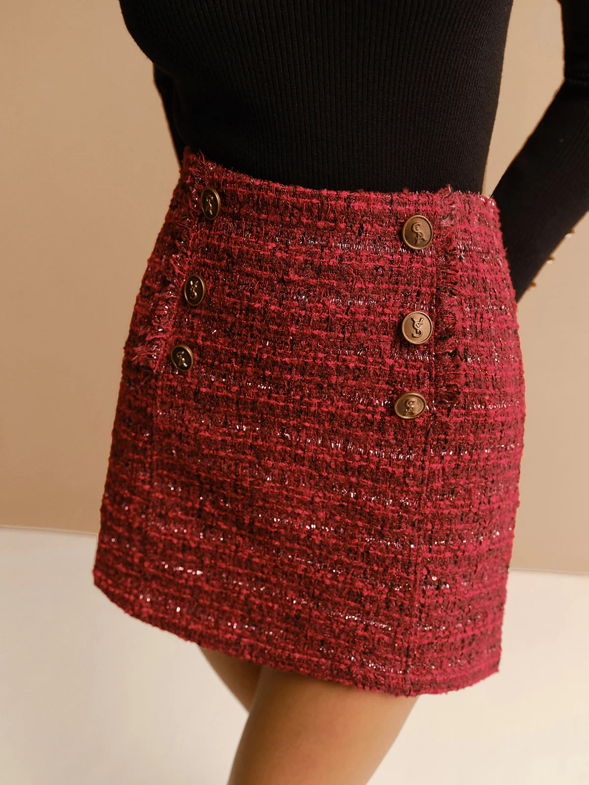Mid-Waist Tweed Zipper Skirt | Commense