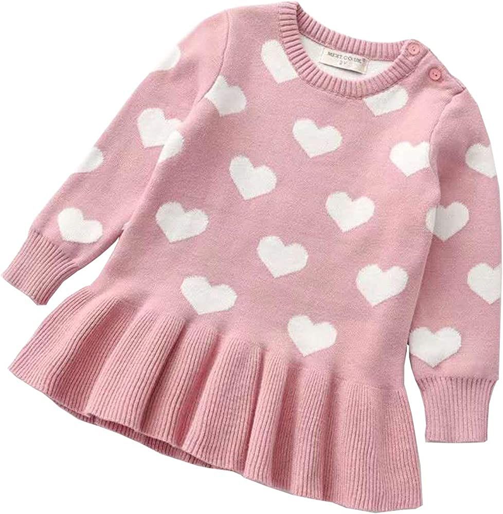 WALLARENEAR Toddler Baby Girl Valentine Dress Kids Heart Long Sleeve Knit Sweater Dress Pleated D... | Amazon (US)