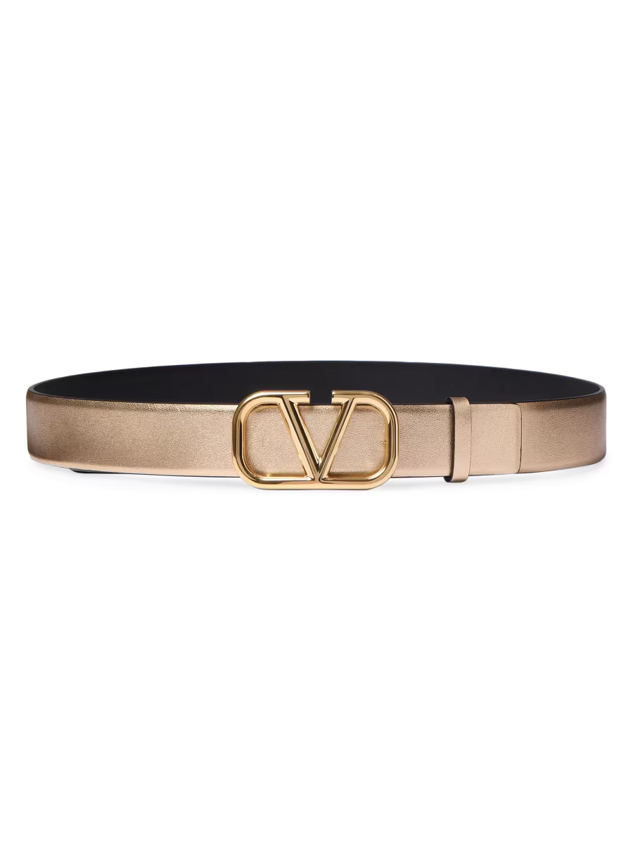 VLogo Signature Reversible Belt in Metallic and Shiny Calfskin 30MM | Saks Fifth Avenue