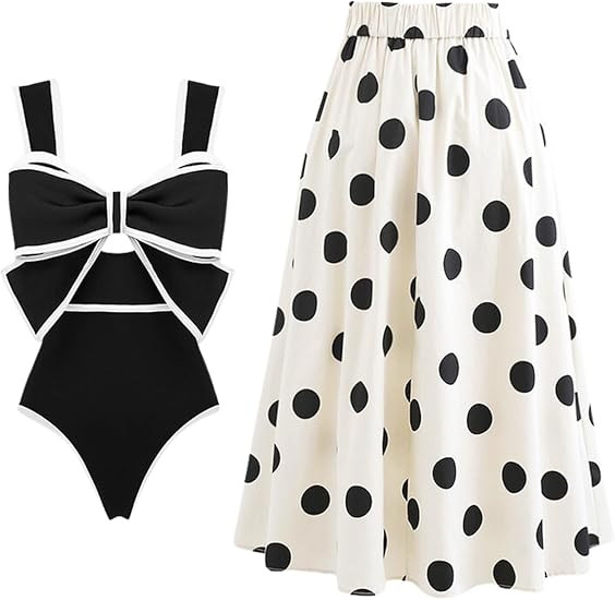 FLAXMAKER Black and White Swimsuit Bow-tie Decor Women's Polka dot Print Skirt One Piece Bathing ... | Amazon (US)