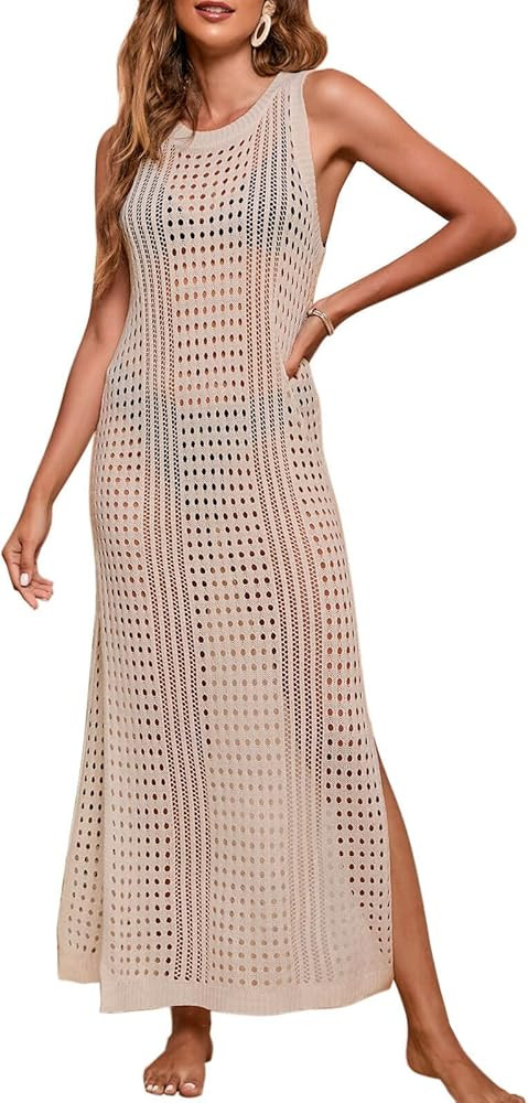 shermie Women's Crochet Swimsuit Cover Up Sleeveless Side Slit Long Beach Dress | Amazon (US)