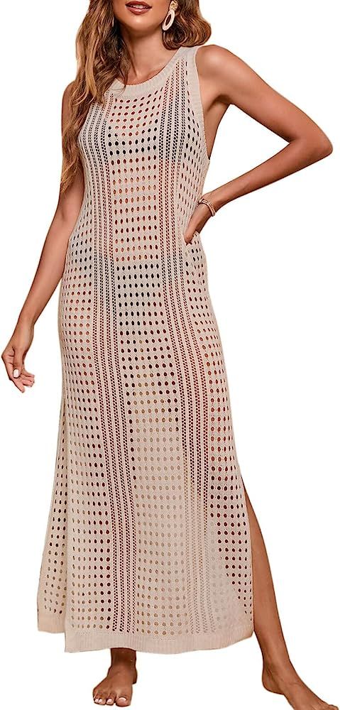 shermie Women's Crochet Swimsuit Cover Up Sleeveless Side Slit Long Beach Dress | Amazon (US)