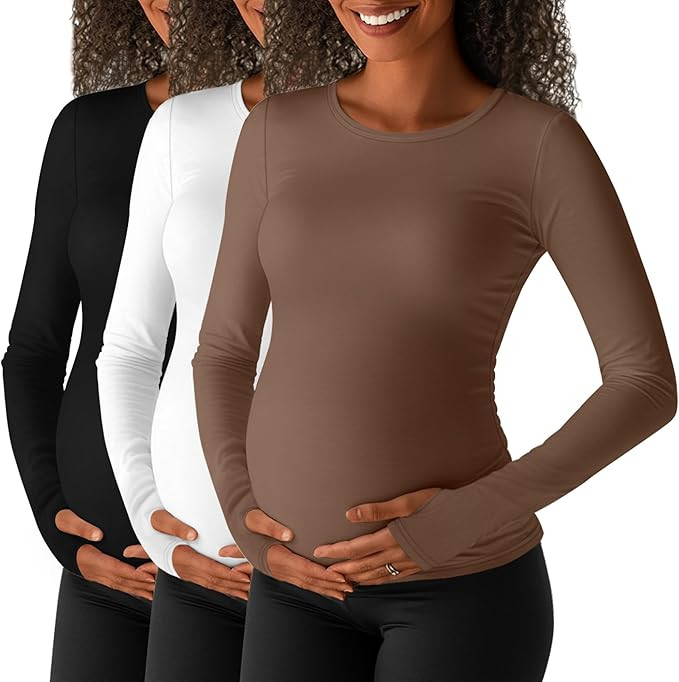 3 Pack Women's Long Sleeve Maternity Yoga Shirts with Thumbhole, Crew Neck Pregnancy Tops Soft Ba... | Amazon (US)