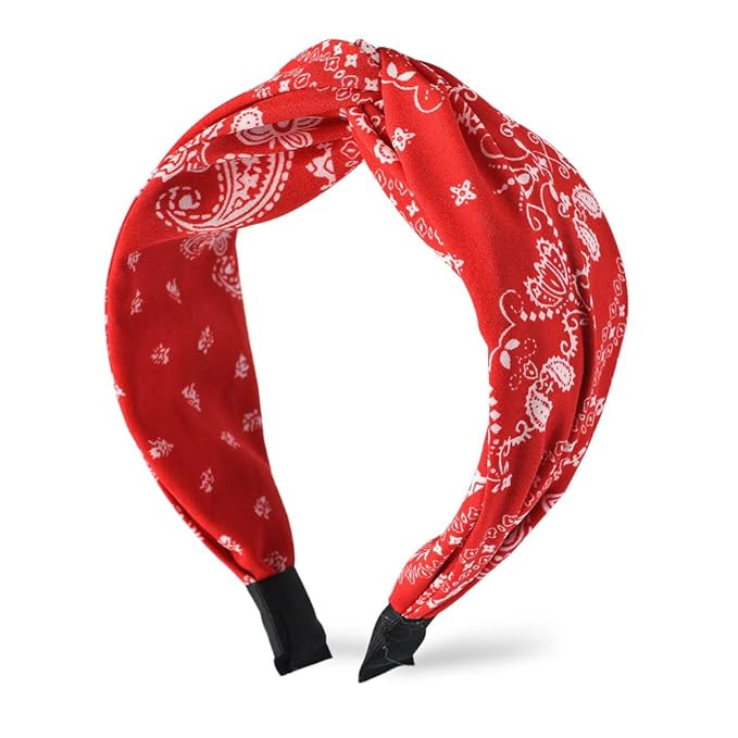 Red Knotted Boho Paisley Headband for Women's Hair - Non-Slip Turban Twist Knot Bandana Hairband | Amazon (US)