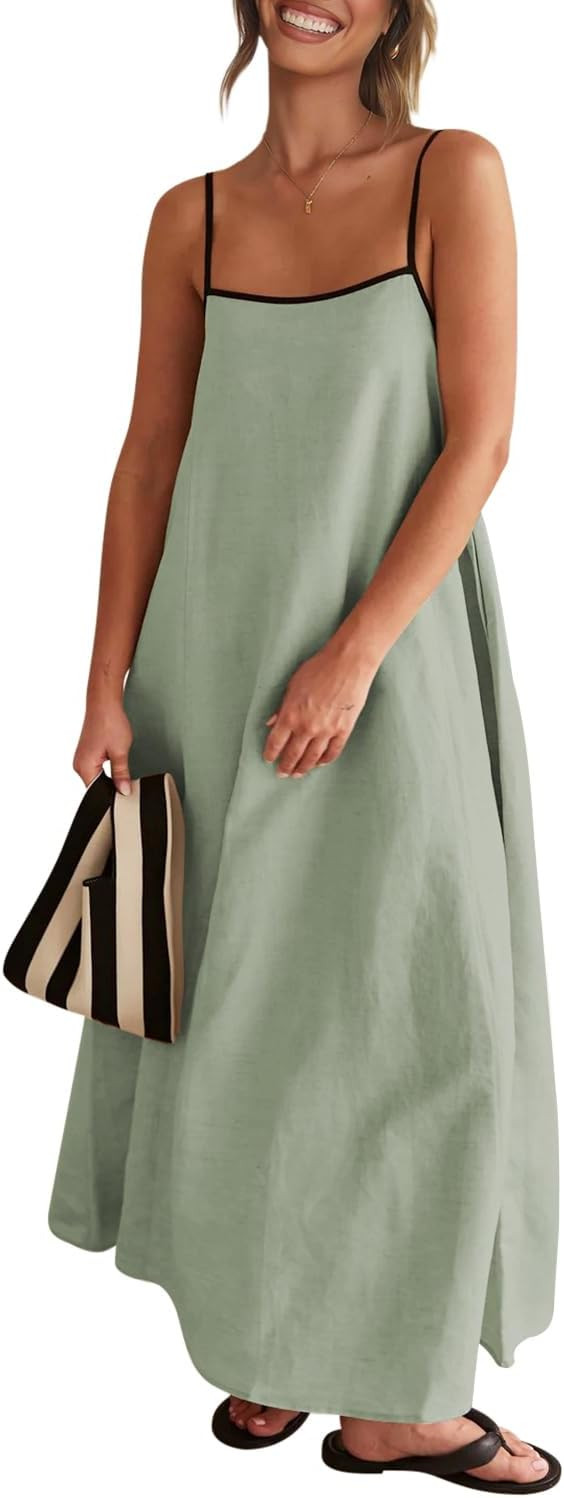 Senllen Women's Linen Dress Summer Loose Flowy Sundress Contrast Spaghetti Strap Sleeveless Backl... | Amazon (US)