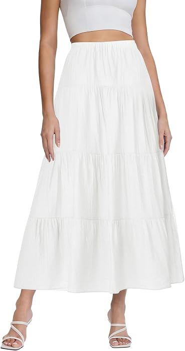 Women's White Maxi Skirt Summer Boho Long Flowy Pleated Tiered High Waist A-Line Flared Skirts | Amazon (US)