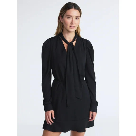 Scoop Women’s Tie Neck Mini Dress with Ruched Sleeves, Sizes XS-XXL | Walmart (US)