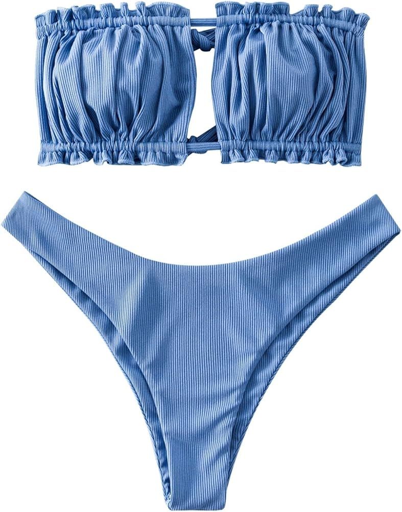 ZAFUL Women's Strapless Bikini Ribbed Tie Back Ruffle Cutout Bandeau Bikini Set Swimsuit | Amazon (US)