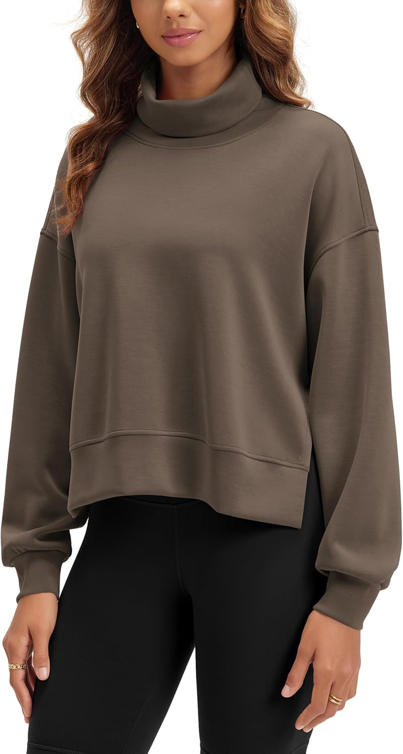 ODODOS Modal Soft Split Hem Turtleneck Sweatshirts for Women Long Sleeve Casual Pullover Top, Wood Brown, X-Small | Amazon (US)