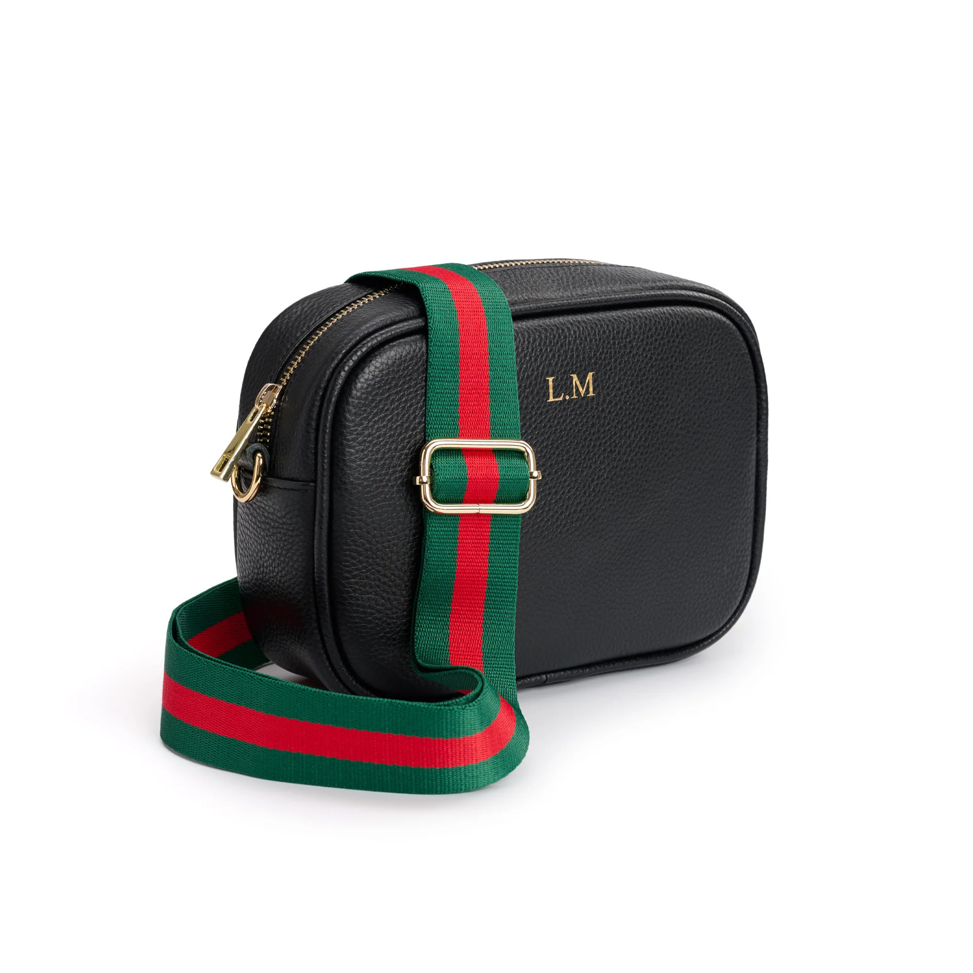 Personalised Black Cross Body Bag with Red & Green Strap | Sienna Olivia