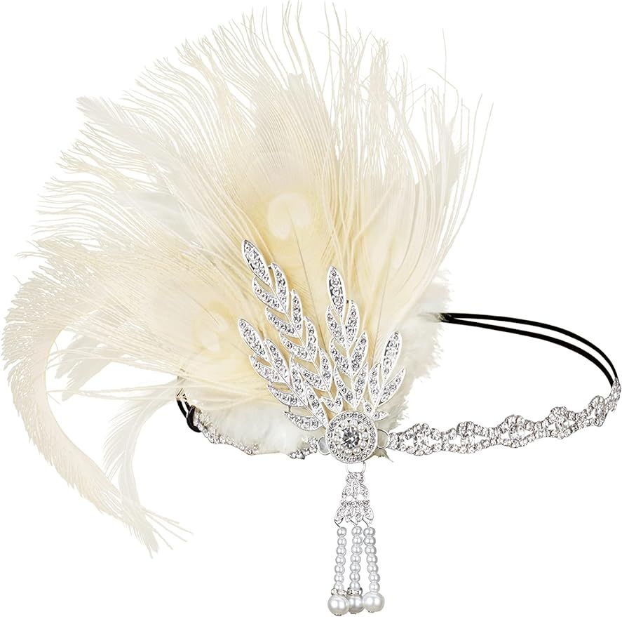 BABEYOND 1920s Flapper Feather Headband Roaring 20s Showgirl Gatsby Headpiece | Amazon (US)