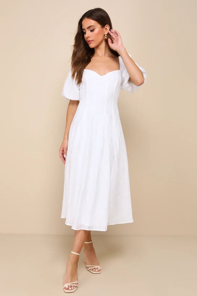 Heavenly Energy White Textured Puff Sleeve Pleated Midi Dress | Lulus