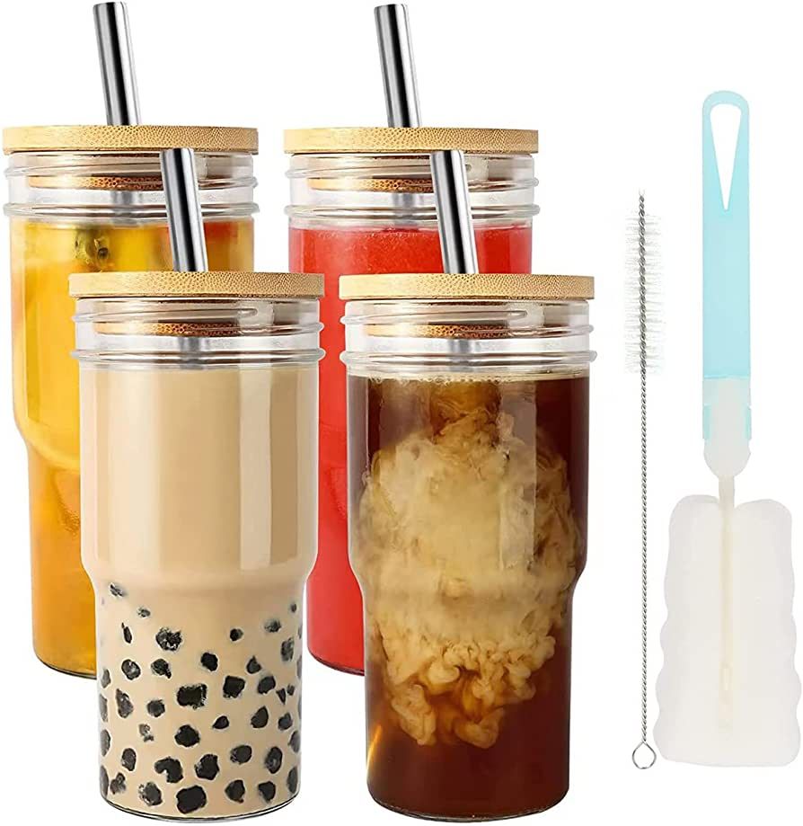 DECKALY 4Pack Glass Tumbler Cups with Bamboo Lids and Straws, 22oz Iced Coffee Cups-Reusable Maso... | Amazon (US)