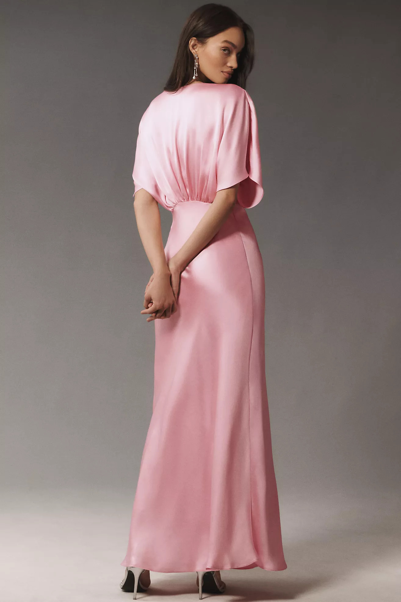 BHLDN Amelia Deep-V Flutter-Sleeve Satin A-Line Gown | Anthropologie (US)
