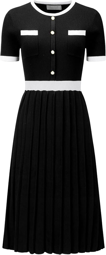 Women's Pleated Sweater Dress Ribbed Contrast Color Elegant Dress | Amazon (US)