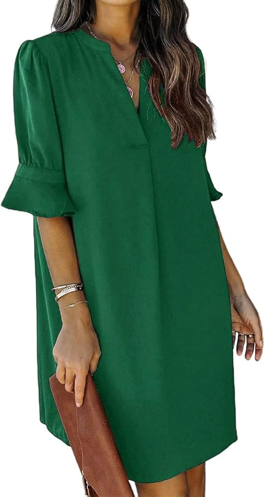 QACOHU Womens V Neck Ruffle Short Sleeve Simple Solid Color Casual Summer Dress | Amazon (US)