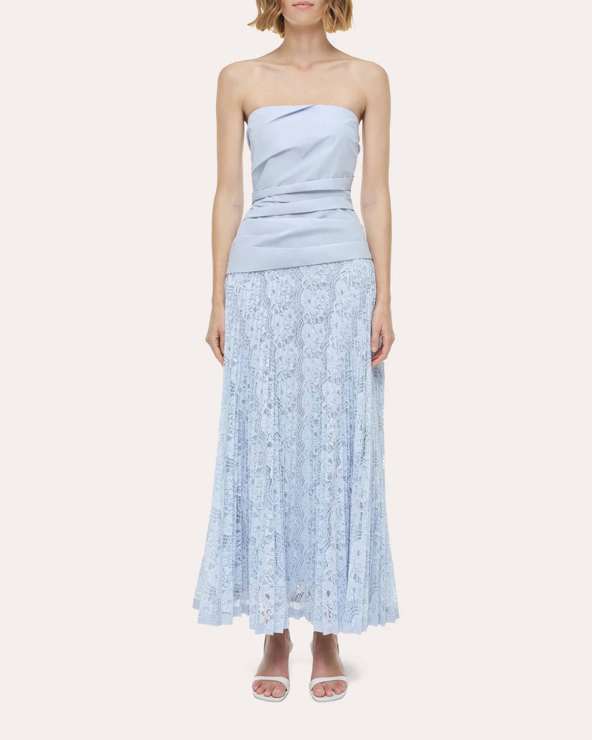 Annalise Poplin Lace Combo Strapless Midi Dress | Olivela