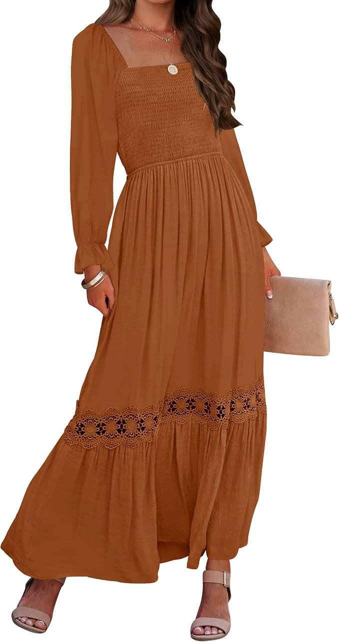 ZESICA Women's 2023 Boho Long Sleeve Square Neck Smocked High Waist Flowy A Line Lace Trim Maxi D... | Amazon (US)