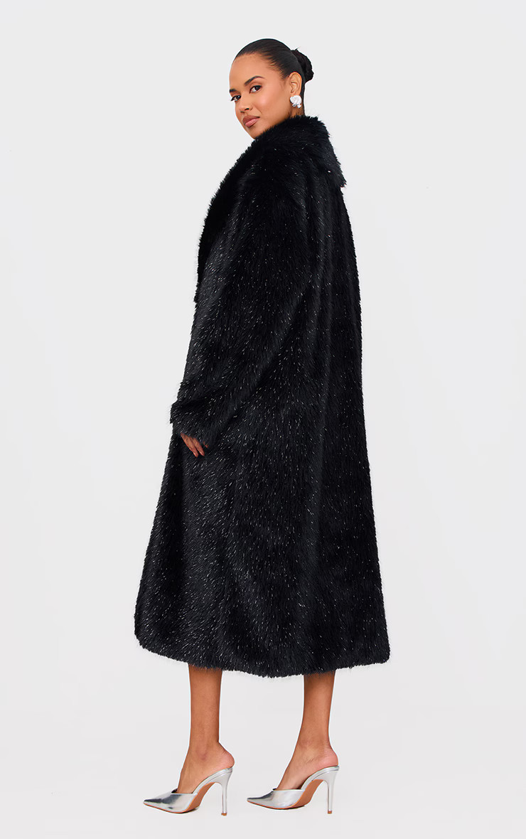 Black Glitter Faux Fur Maxi Coat | Pretty Little Thing (Australia & New Zealand)