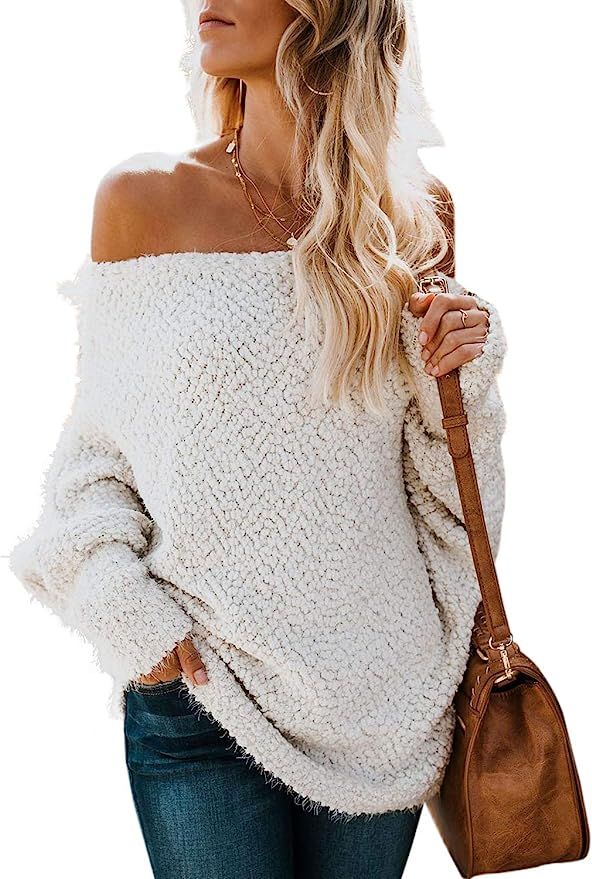 Astylish Womens Loose Knitted Off The Shoulder Oversized Sweaters Pullovers Top | Amazon (US)