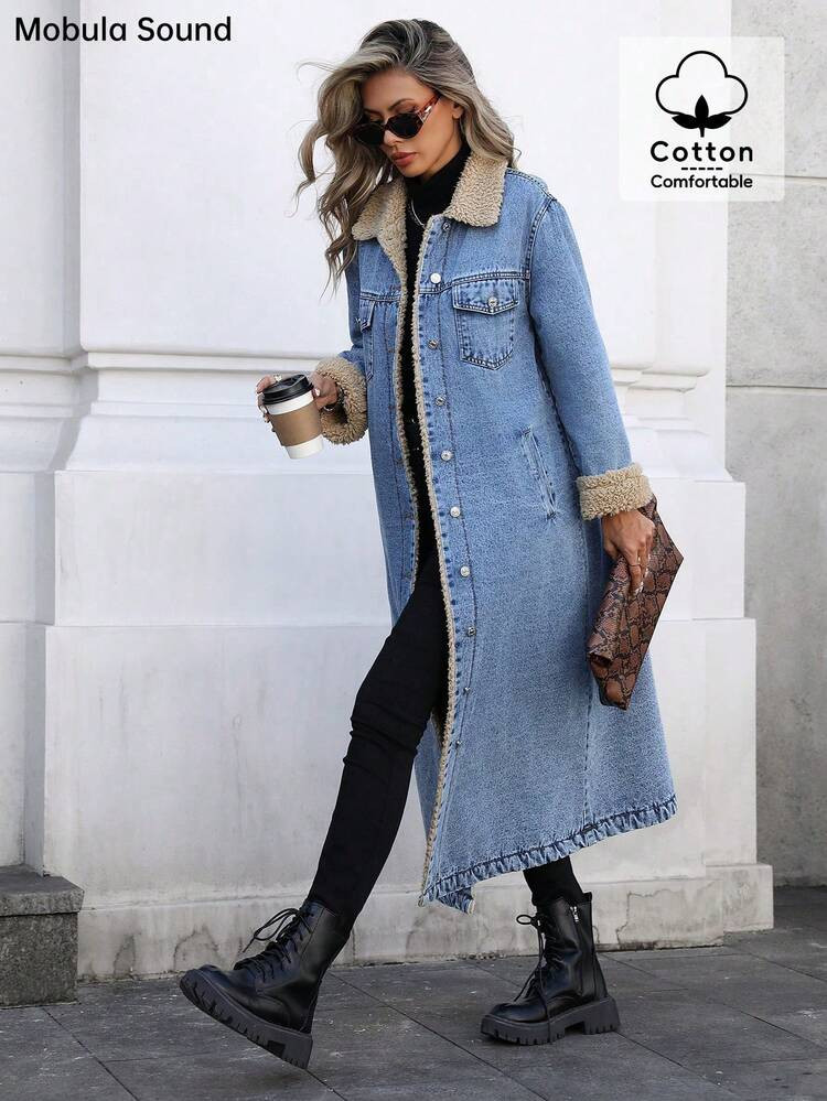 Mobula Sound Casual Thermal Lined Long Denim Jacket For Women, Suitable For Autumn/Winter | SHEIN