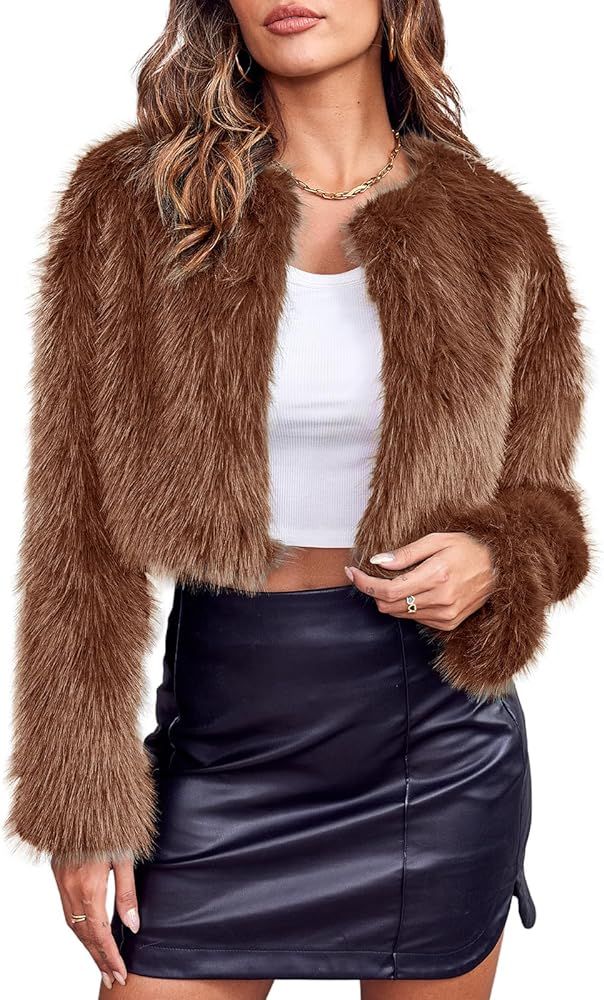 Danedvi Women's Fashion Cropped Faux Fur Jacket Long Sleeve Open Front Cardigan Casual Fluffy Par... | Amazon (US)