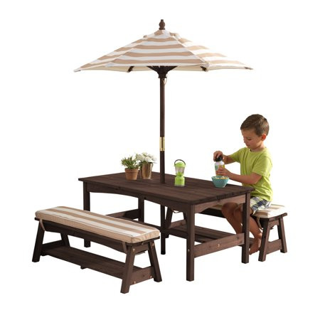 KidKraft Outdoor Table & Bench Set with Cushions & Umbrella - Oatmeal & White Stripes | Walmart (US)