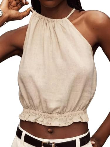 IDEALSANXUN Womens Crop Linen Halter Tops Summer High Neck Tank Tops Sleeveless Shirts | Amazon (US)