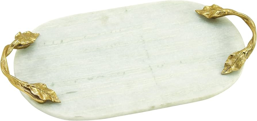 Deco 79 Marble Oval Tray with Gold Twisted Leaf Handles, 20" x 10" x 2", White | Amazon (US)