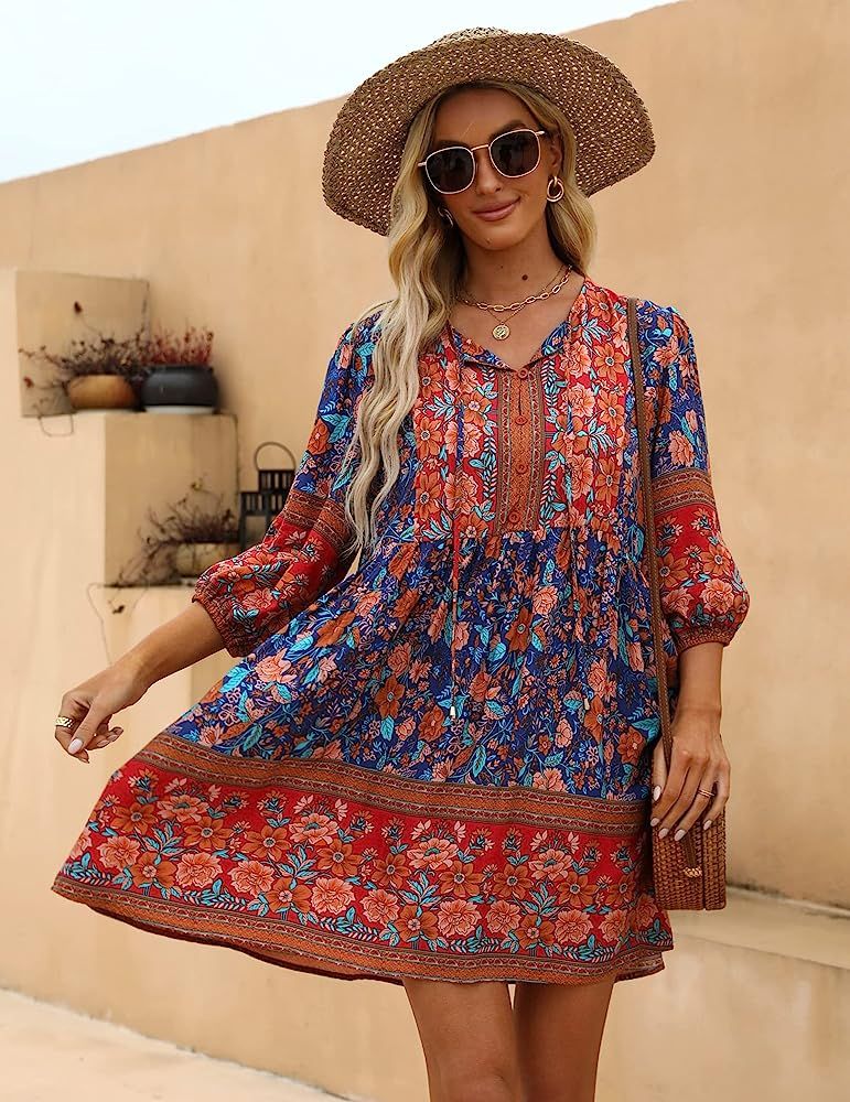 Chigant Woman Summer Boho Dress with Pockets Casual Loose Vintage Floral Swing 3/4 Sleeve V Neck Tun | Amazon (US)