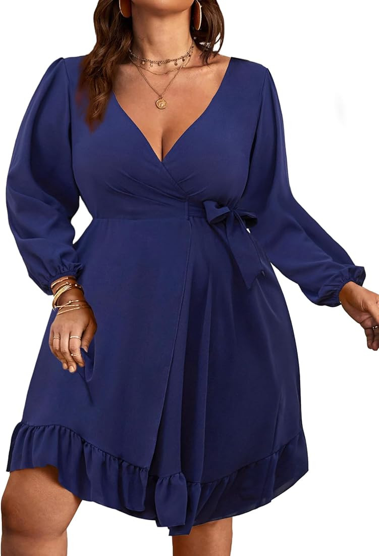 Womens Casual Plus Size Long Sleeve Wrap Dresses V-Neck Ruffle Fall Short Mini Dresses | Amazon (US)