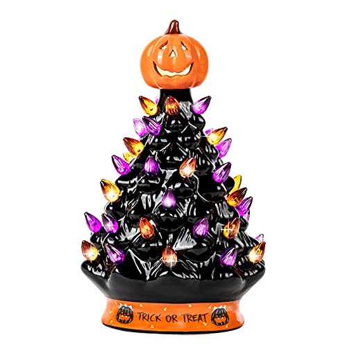 RJ Legend Ceramic Tree - Halloween Decoration Made with Ceramic, Orange Pumpkin Head-Home Decoration-Trick Or Treat- Over 35 Multicolor Bulbs, LED Light Up by Battery - Black, 9 Inch | Amazon (US)