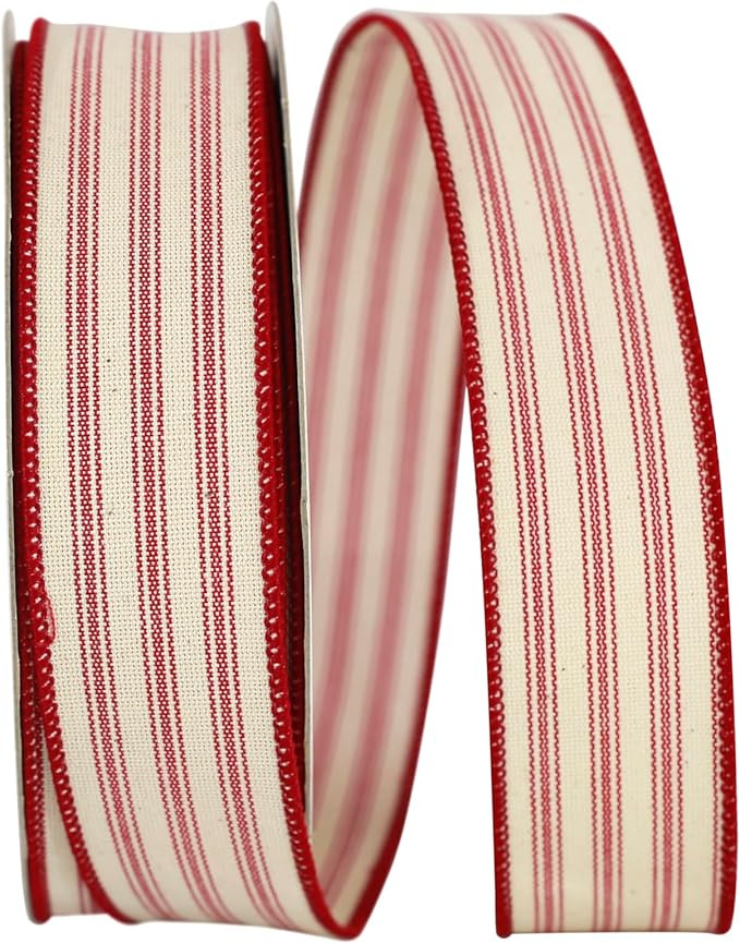 Reliant Ribbon Ticking Linen Stripe Wired Edge Ribbon, 1-1/2 Inch X 20 Yards, Red | Amazon (US)