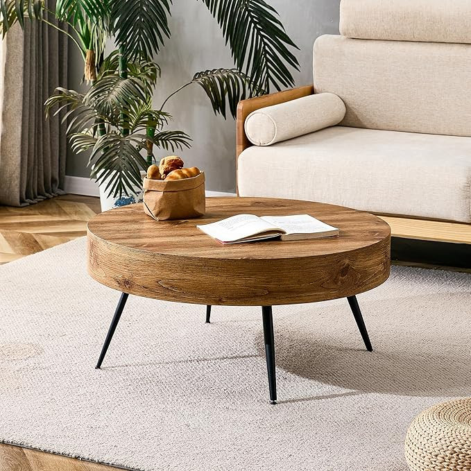 Wooden Coffee Table Modern Round Coffee Table Rustic Center Table with Metal Leg for Living Room ... | Amazon (US)