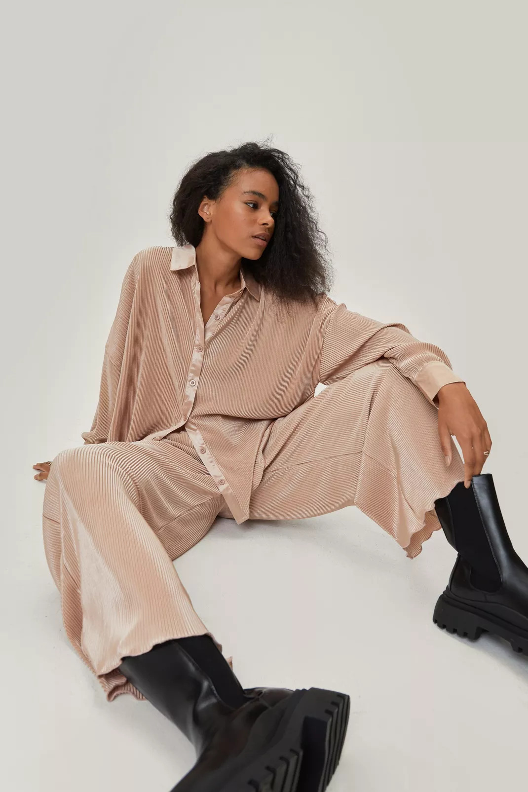 Petite Plisse High Waisted Wide Leg Pants | Nasty Gal (US)