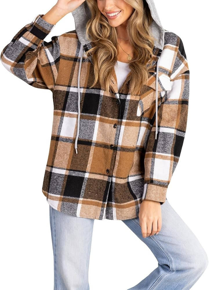 CUPSHE Women's Casual Plaid Shirts Jackets Button Down Long Sleeve Hood Outfits 2024 Flannel Shac... | Amazon (US)