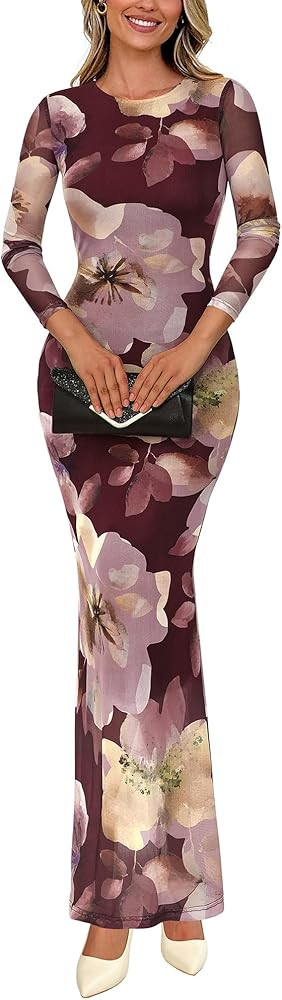 BTFBM Wedding Guest Dresses for Women Fall Fashion 2025 Bodycon Long Sleeve Boho Mesh Party Cockt... | Amazon (US)