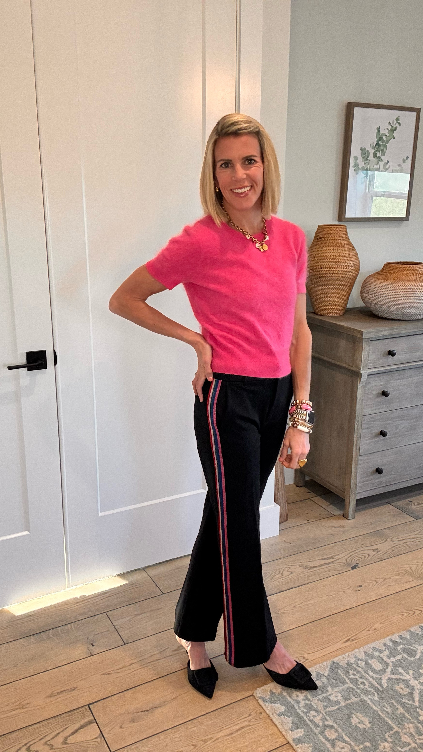 These pants are sold out but added some similar ones for a comparable look!! The track pant style is really popular right now. Pair with this great cashmere sweater for a great wear to work look. 🩷🖤🤍. 

#LTKWorkwear #LTKSpringSale #LTKOver40