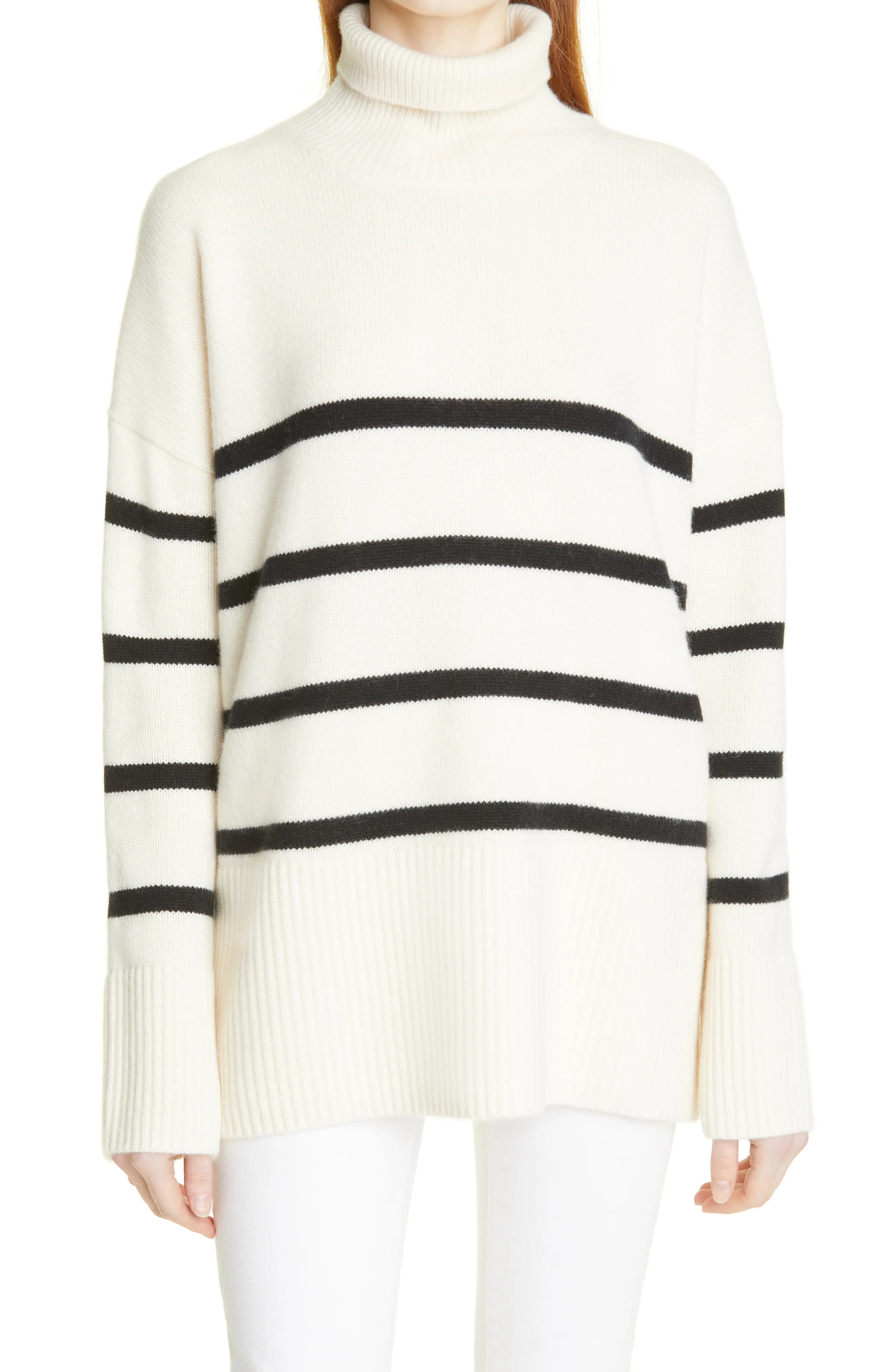 Nordstrom Signature Stripe Cashmere Turtleneck Sweater, Size Large in Ivory- Black Stripe at Nordstr | Nordstrom