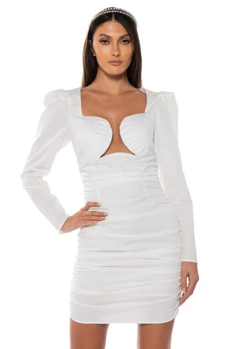 CAUSE A COMMOTION RUCHED PUFF SLEEVE MINI DRESS IN WHITE | AKIRA