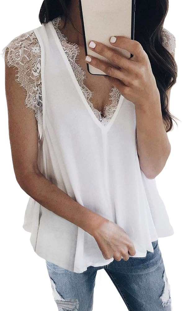 Sidefeel Women Crochet Lace Basic Tank Top Sleeveless Loose Fitting Tunic | Amazon (US)