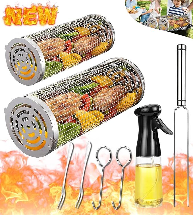 Rolling Grilling Basket Veggies Grill Accessories Bbq Net Tube Tools Set Barbecue Cage Outdoor Fl... | Amazon (US)