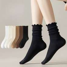 Pairs Womens Multicolor Ruffle Cuff MidHigh Socks Perfect For Matching With Loafers And Oxfords Trendy And Cute Crew Socks Inspired By Japanese Fashio | SHEIN